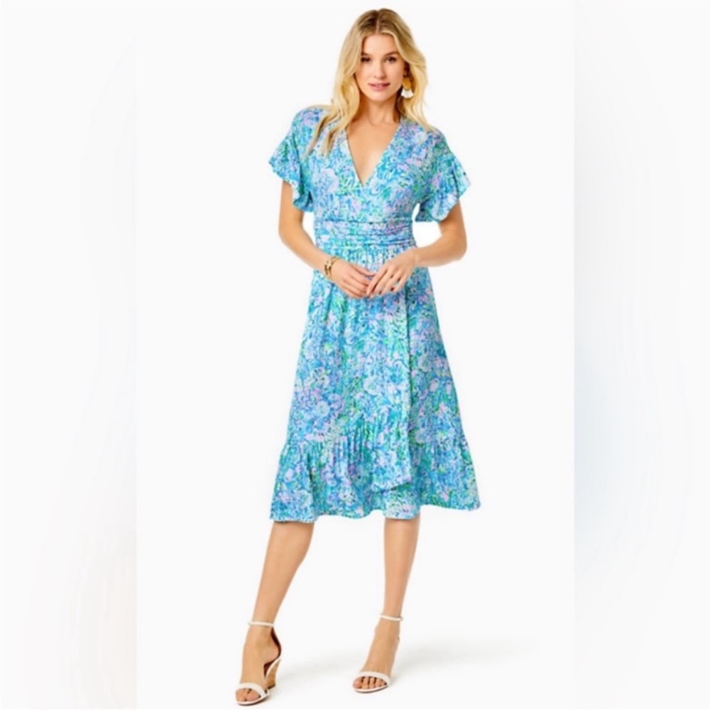 Floral V-Neck Midi Dress - Blue